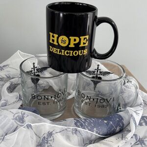 Three Bon Jovi coffee mugs with Bonus Scarf